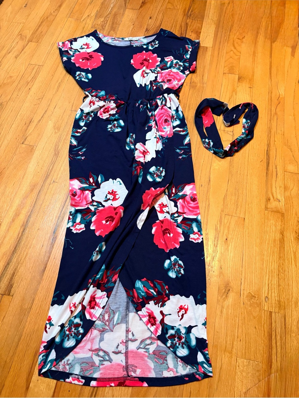 Yidarton Navy Floral Maxi Dress Women’s M Tie Waist Short Sleeve Boho